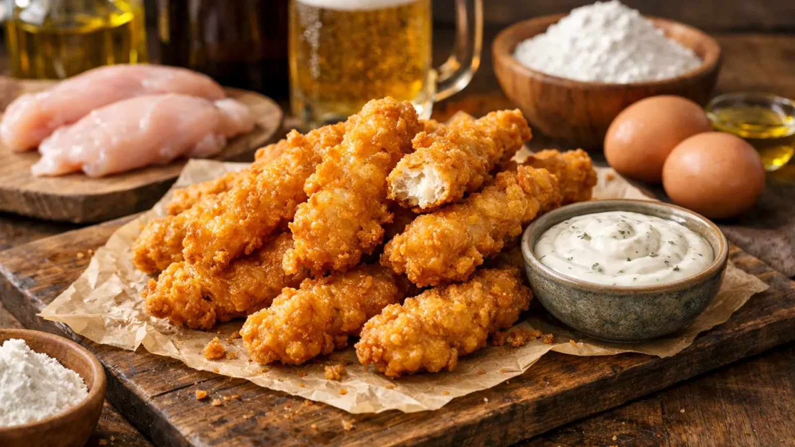Фото блюда: Куриные стрипсы в пивном кляре с воздушной хрустящей корочкой, рецепт с фото