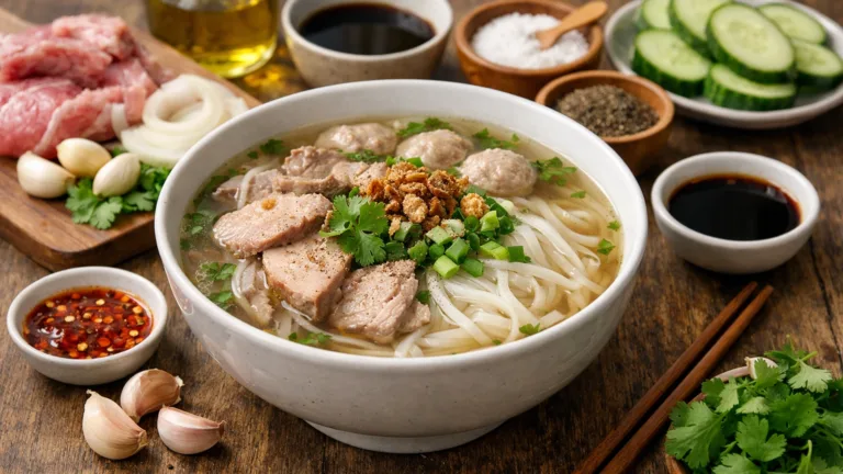 Фото блюда: Куй тиев суп с рисовой лапшой и свининой по камбоджийскому рецепту