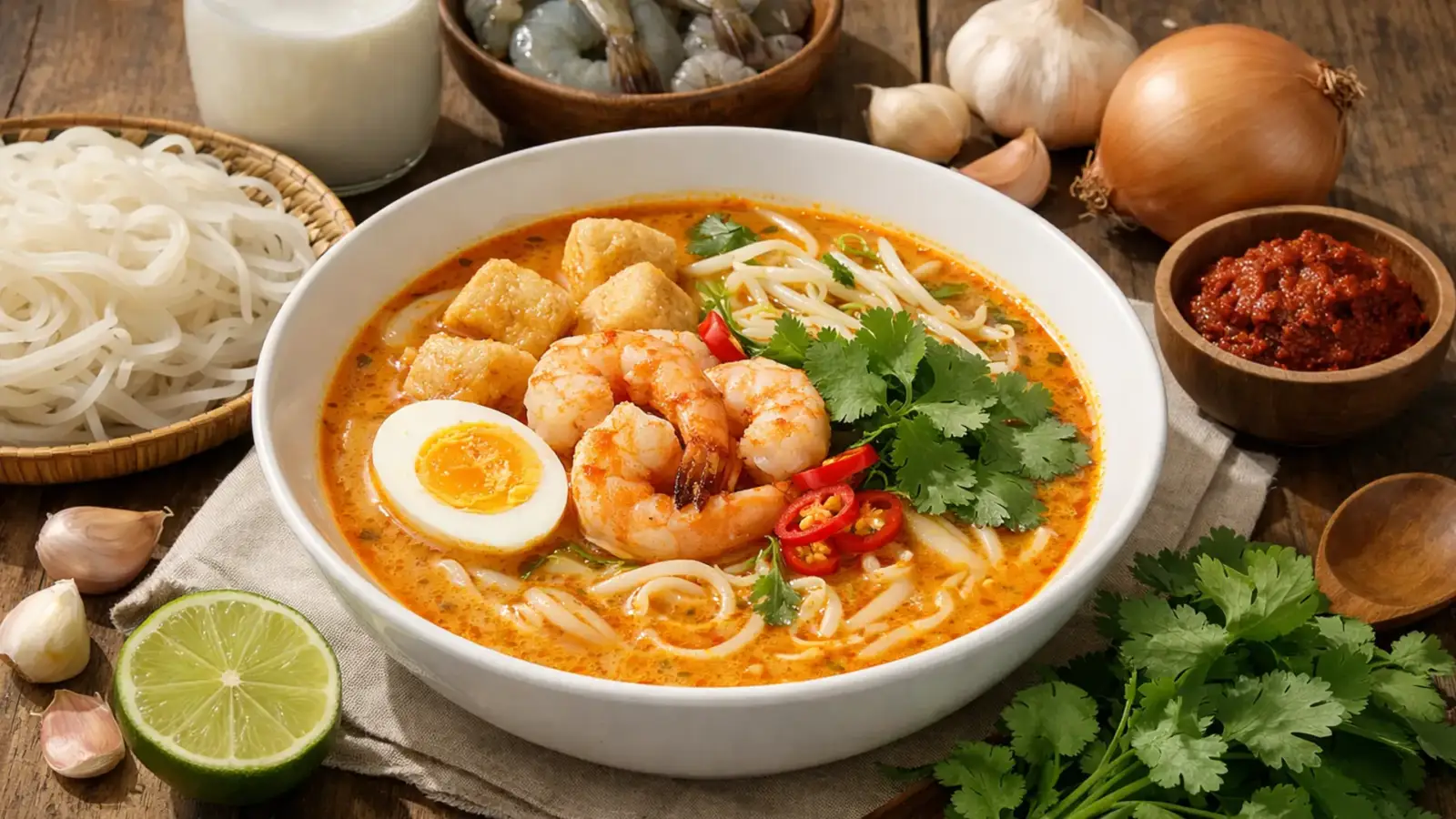 Фото блюда: Лакса суп с лапшой и кокосовым бульоном насыщенный аромат, рецепт с фото