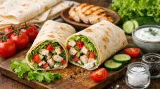 Фото рецепта: Лаваш с курицей и листьями салата свежий рулет для второго завтрака