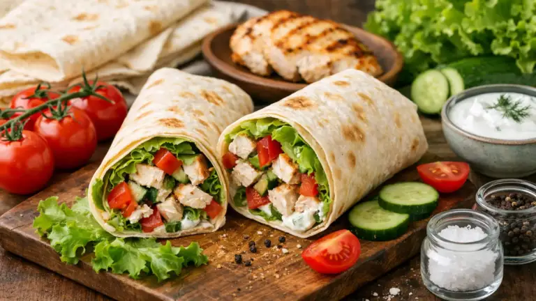 Фото блюда: Лаваш с курицей и листьями салата свежий рулет для второго завтрака