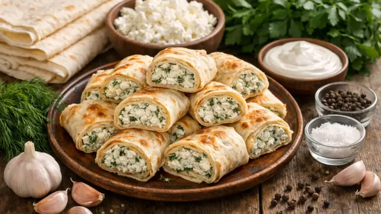 Фото блюда: Лаваш с творогом и зеленью быстрый рулет для полдника