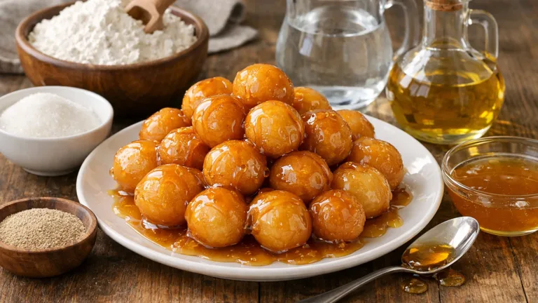 Фото блюда: Лукумат жареные шарики с сиропом с хрустящей корочкой