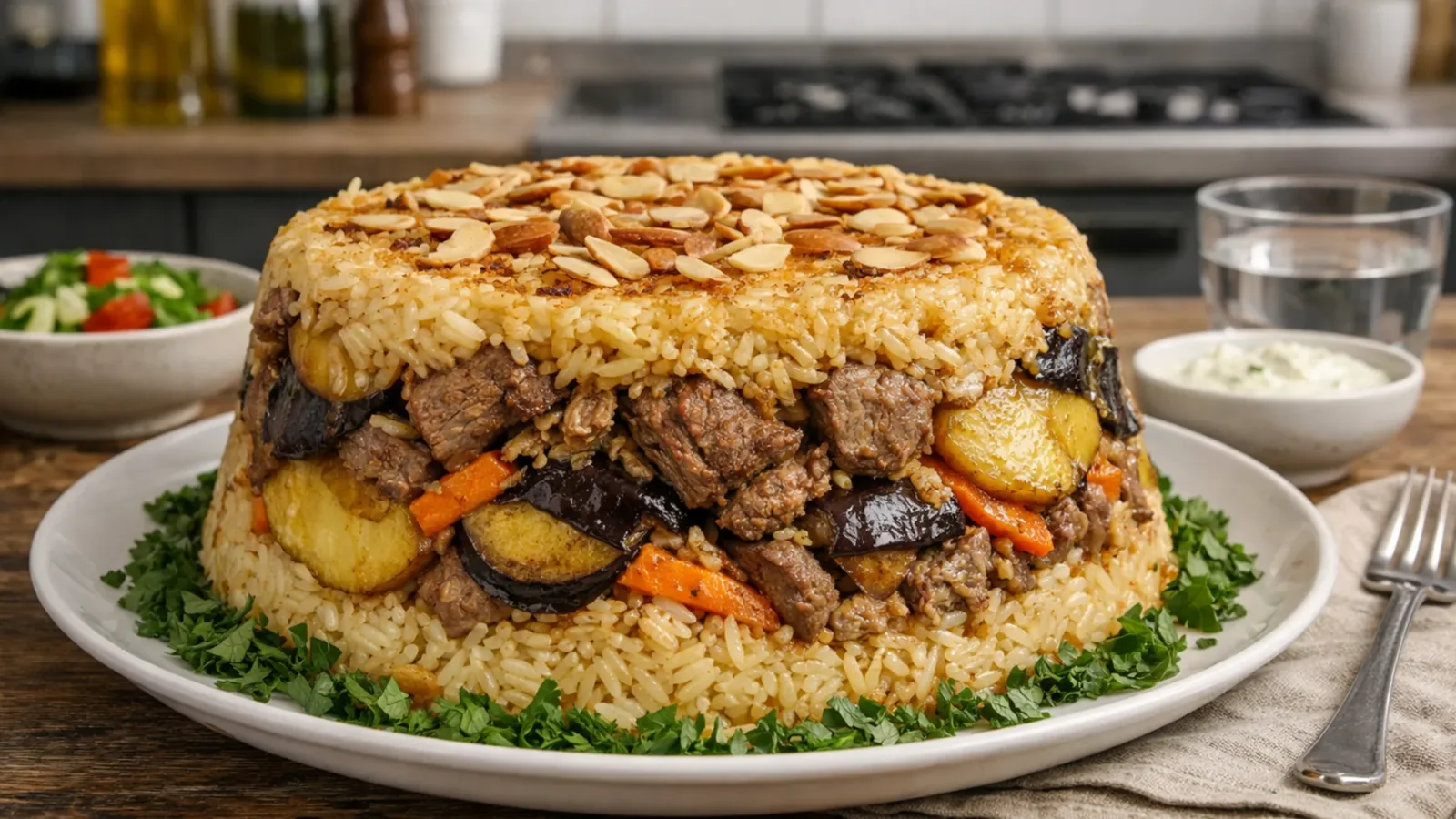 Фото блюда: Маклюба перевернутый рис с мясом и овощами, рецепт с фото