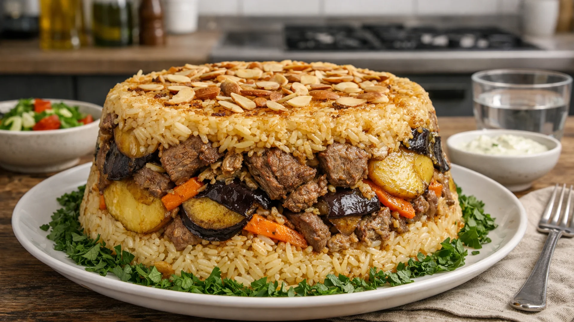 Фото блюда: Маклюба перевернутый рис с мясом и овощами