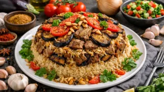 Фото рецепта: Ароматная маклюба с бараниной и баклажанами