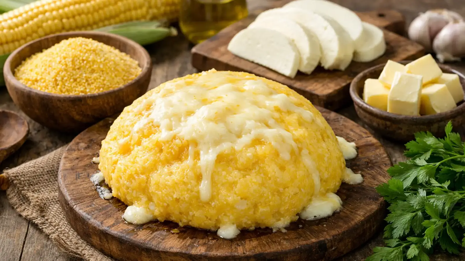 Фото блюда: Мамалыга кукурузная с сыром сулугуни традиционный вкус, рецепт с фото