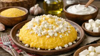 Фото рецепта: Мамалыга с брынзой и сметаной с нежной текстурой