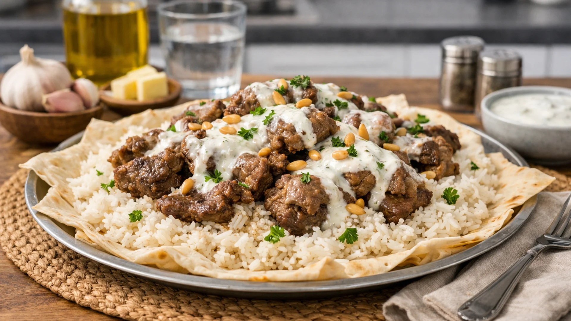 Фото блюда: Мансаф с бараниной и йогуртовым соусом