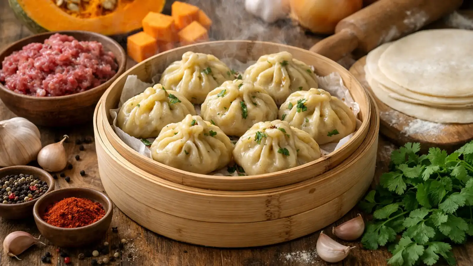 Фото блюда: Манты с бараниной и тыквой сочные восточные пельмени, рецепт с фото