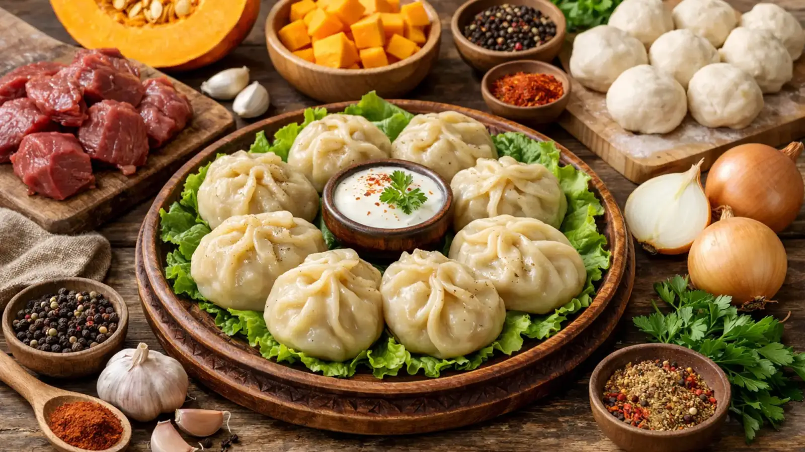 Фото блюда: Манты с говядиной и тыквой сочные и ароматные, рецепт с фото