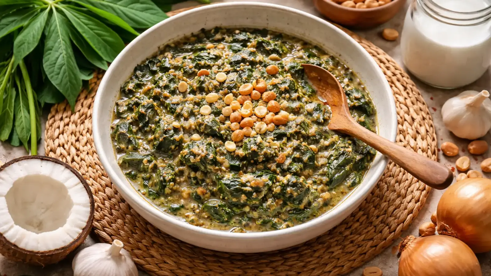 Фото блюда: Матапа тушеные листья маниоки с арахисом по мозамбикски насыщенный вкус, рецепт с фото