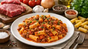 Фото блюда: Мбокбока паста с мясом и томатным соусом по ливийски