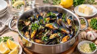 Фото рецепта: Мидии на пару с чесноком и травами по новозеландскому рецепту