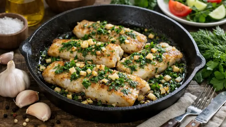 Фото блюда: Минтай на сковороде с чесноком и зеленью ароматный и сочный