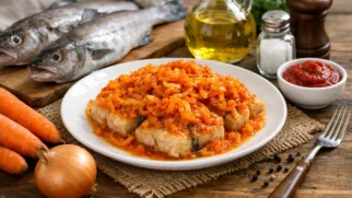 Фото рецепта: Минтай под маринадом из моркови и лука с томатной основой