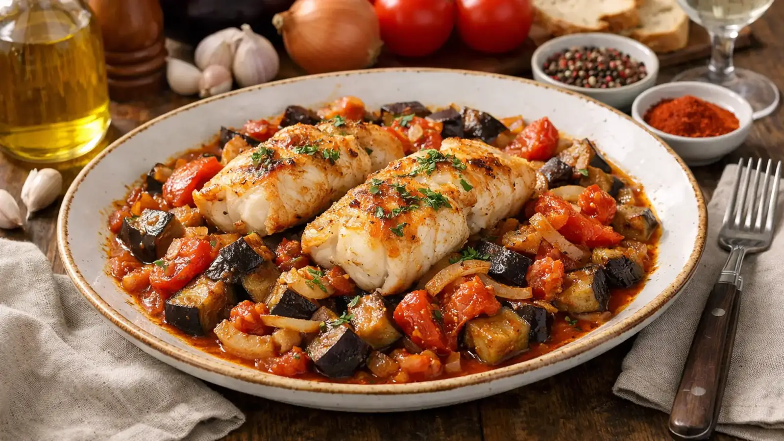 Фото блюда: Минтай с баклажанами и томатами сочный тушеный с овощами, рецепт с фото