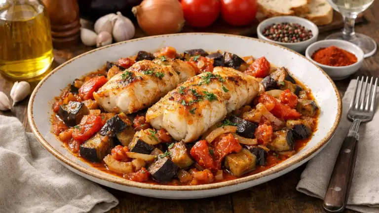 Фото блюда: Минтай с баклажанами и томатами сочный тушеный с овощами