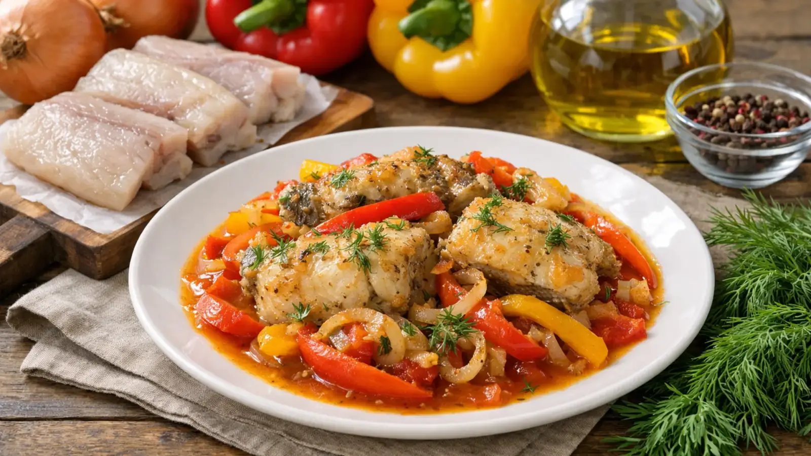 Фото блюда: Минтай с болгарским перцем и луком на сковороде сочный вкус, рецепт с фото