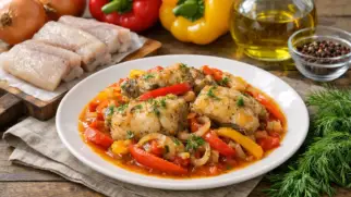 Фото рецепта: Минтай с болгарским перцем и луком на сковороде сочный вкус