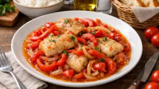 Фото рецепта: Минтай с болгарским перцем и луком в мультиварке с сочной текстурой