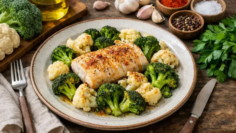 Фото блюда: Минтай с брокколи и цветной капустой в духовке с сочной текстурой