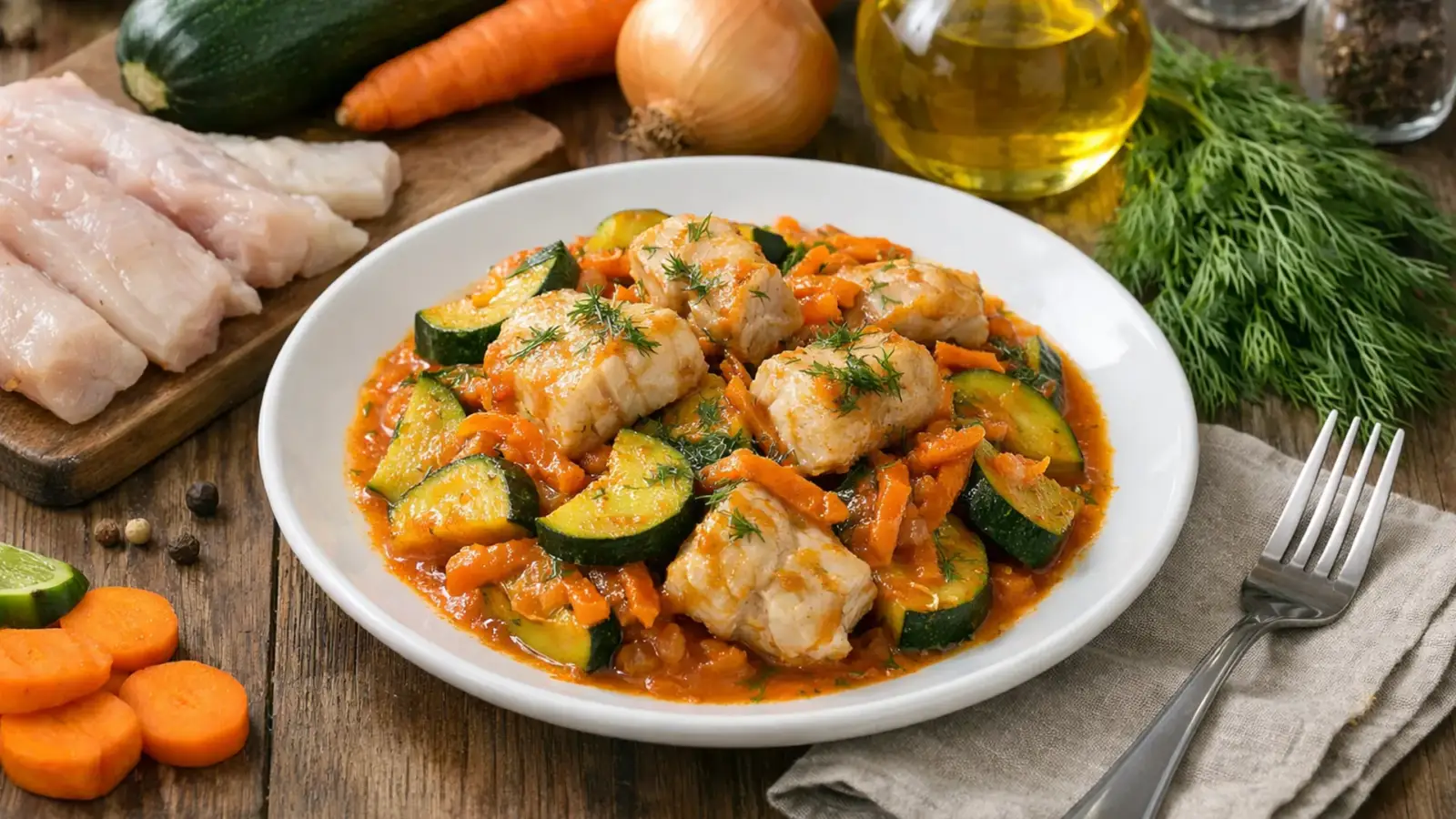 Фото блюда: Минтай с кабачками и морковью на сковороде нежный и сочный, рецепт с фото