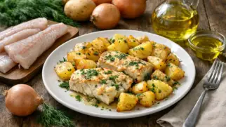 Фото рецепта: Минтай с картошкой в духовке сочное домашнее блюдо