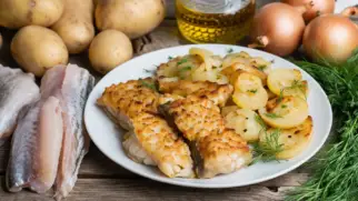 Фото рецепта: Минтай с картошкой и луком на сковороде простой ужин