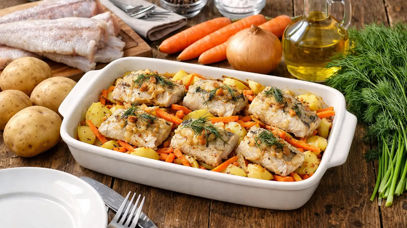 Фото блюда: Минтай с картошкой и морковью в духовке сочный домашний вариант, рецепт с фото