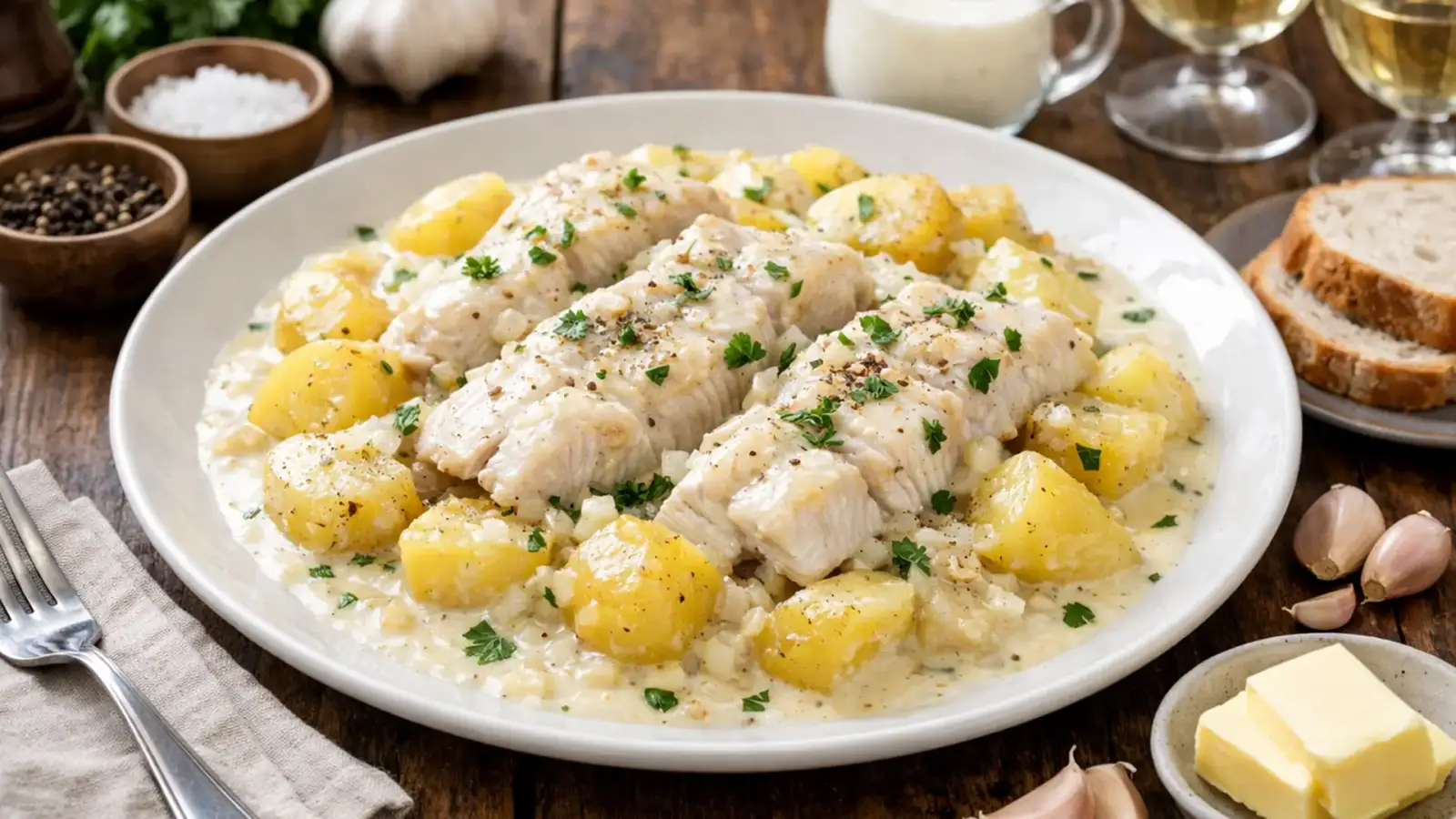 Фото блюда: Минтай с картошкой и сливочным соусом нежный запеченный, рецепт с фото