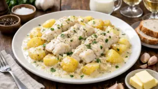 Фото рецепта: Минтай с картошкой и сливочным соусом нежный запеченный