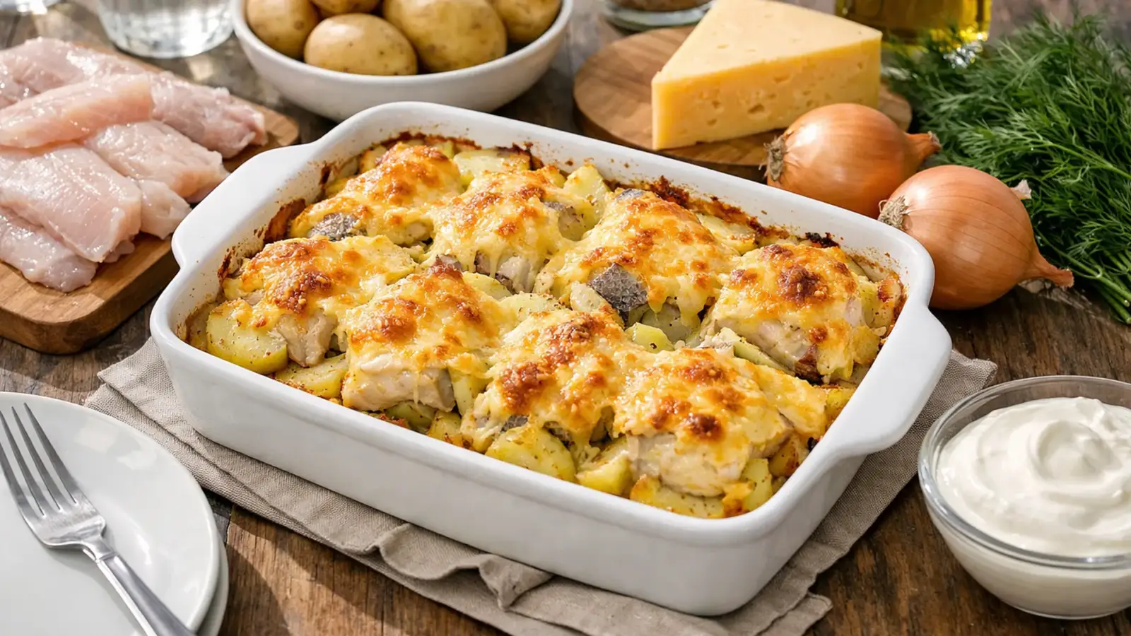 Фото блюда: Минтай с картошкой и сыром в духовке под румяной корочкой, рецепт с фото