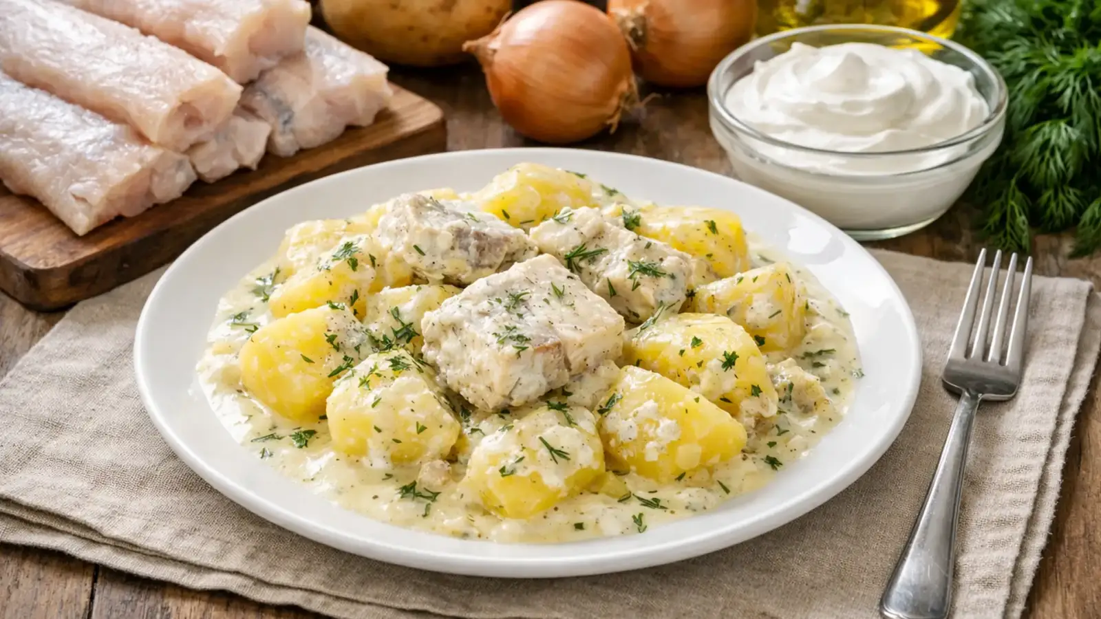 Фото блюда: Минтай с картошкой в сметанном соусе нежный сливочный вкус, рецепт с фото