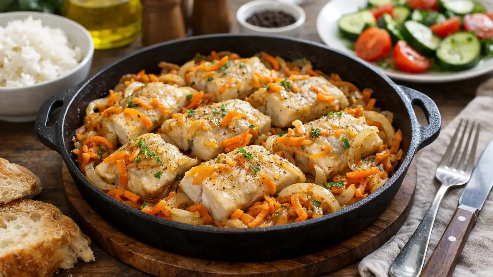 Фото блюда: Минтай с луком и морковью на сковороде сочный тушеный, рецепт с фото