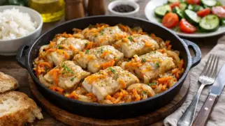 Фото рецепта: Минтай с луком и морковью на сковороде сочный тушеный