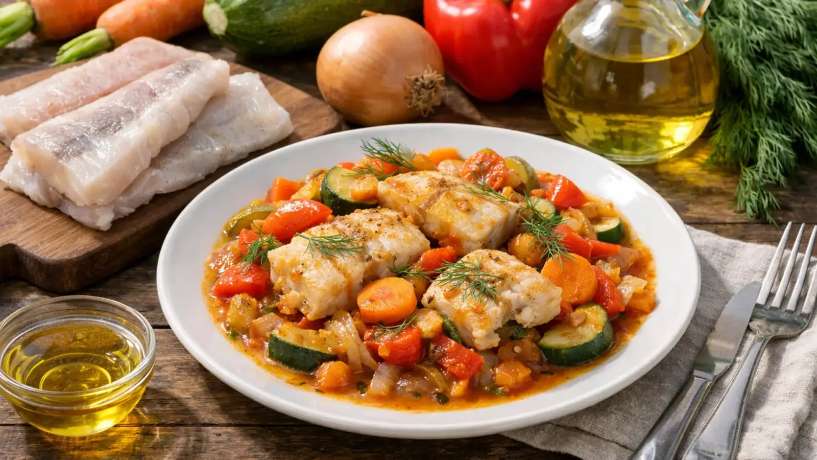 Фото блюда: Минтай с овощами на сковороде сочный и легкий вариант, рецепт с фото