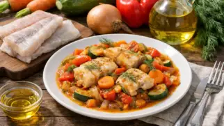 Фото рецепта: Минтай с овощами на сковороде сочный и легкий вариант