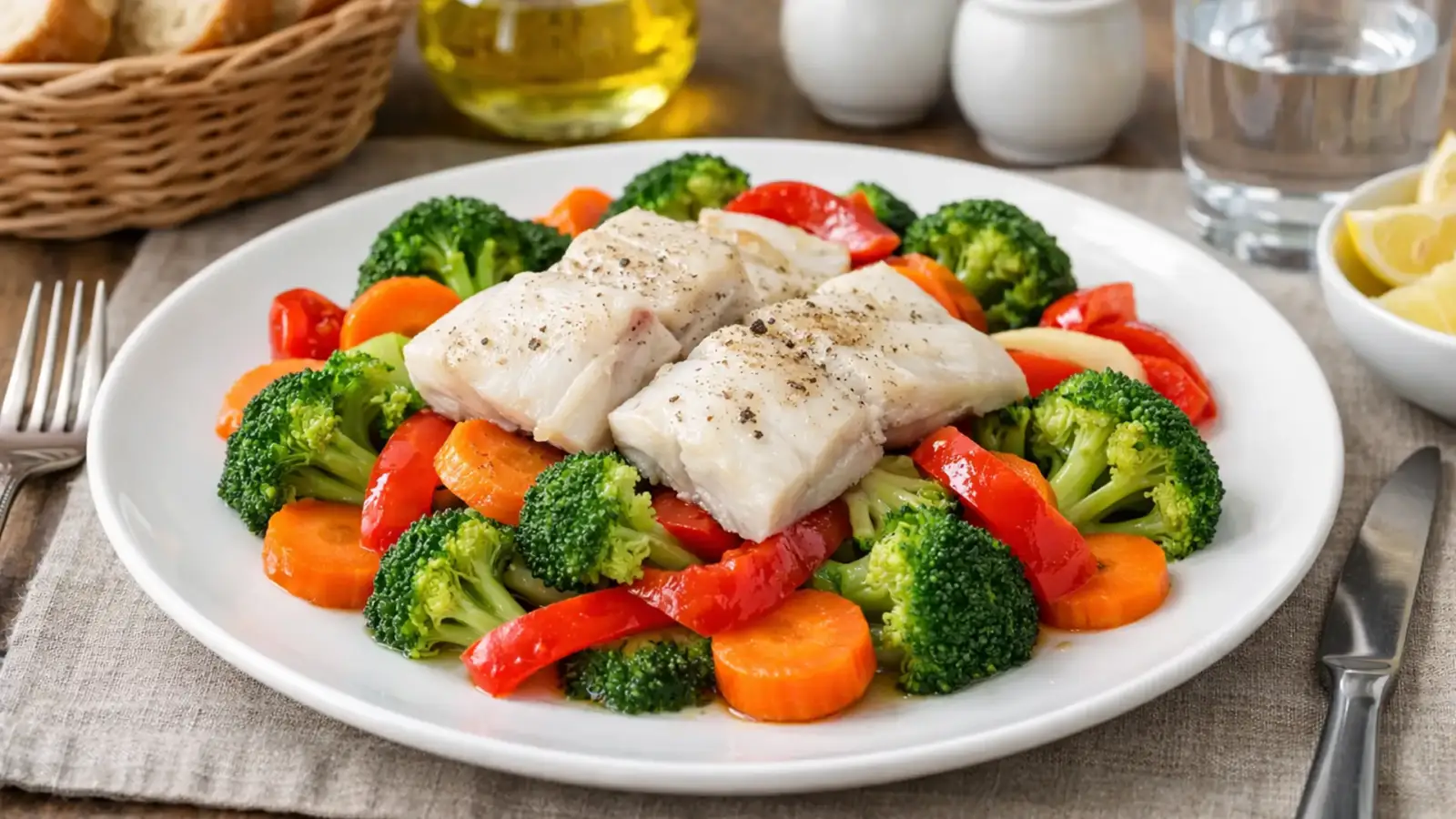 Фото блюда: Минтай с овощами на пару в мультиварке с легкой текстурой, рецепт с фото