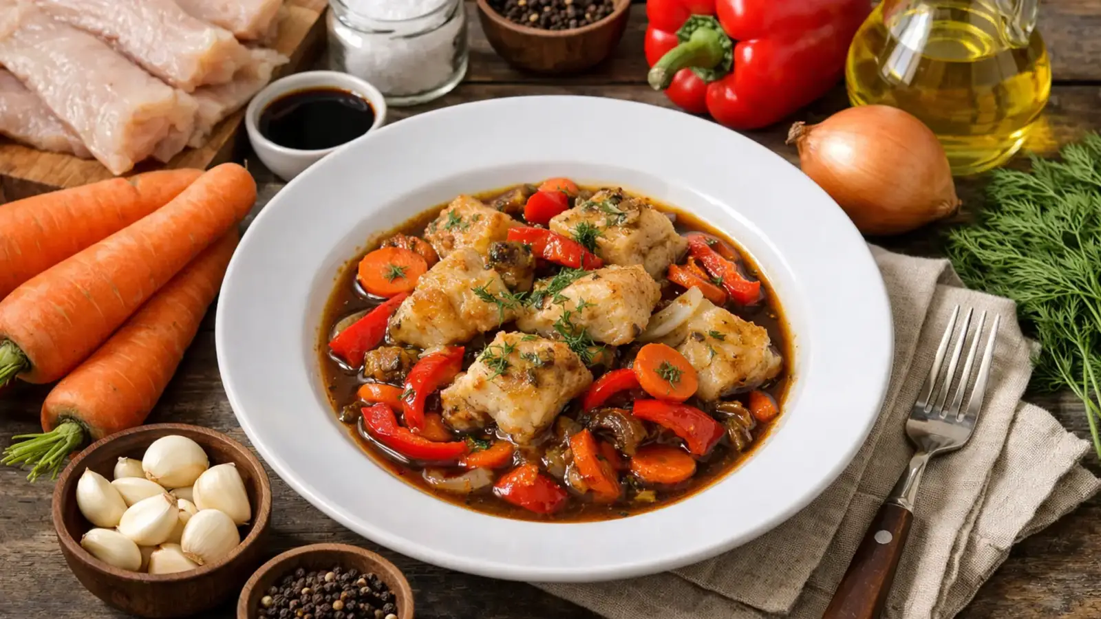 Фото блюда: Минтай с овощами в соевом соусе на сковороде с насыщенным вкусом, рецепт с фото