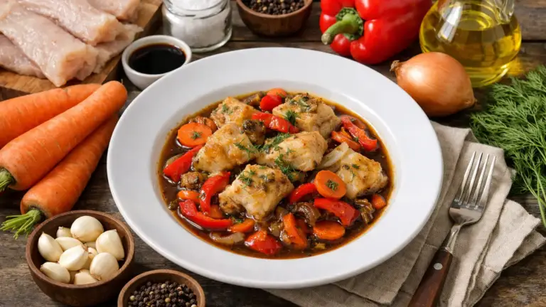 Фото блюда: Минтай с овощами в соевом соусе на сковороде с насыщенным вкусом