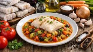 Фото рецепта: Минтай с овощным рагу нежный и сочный