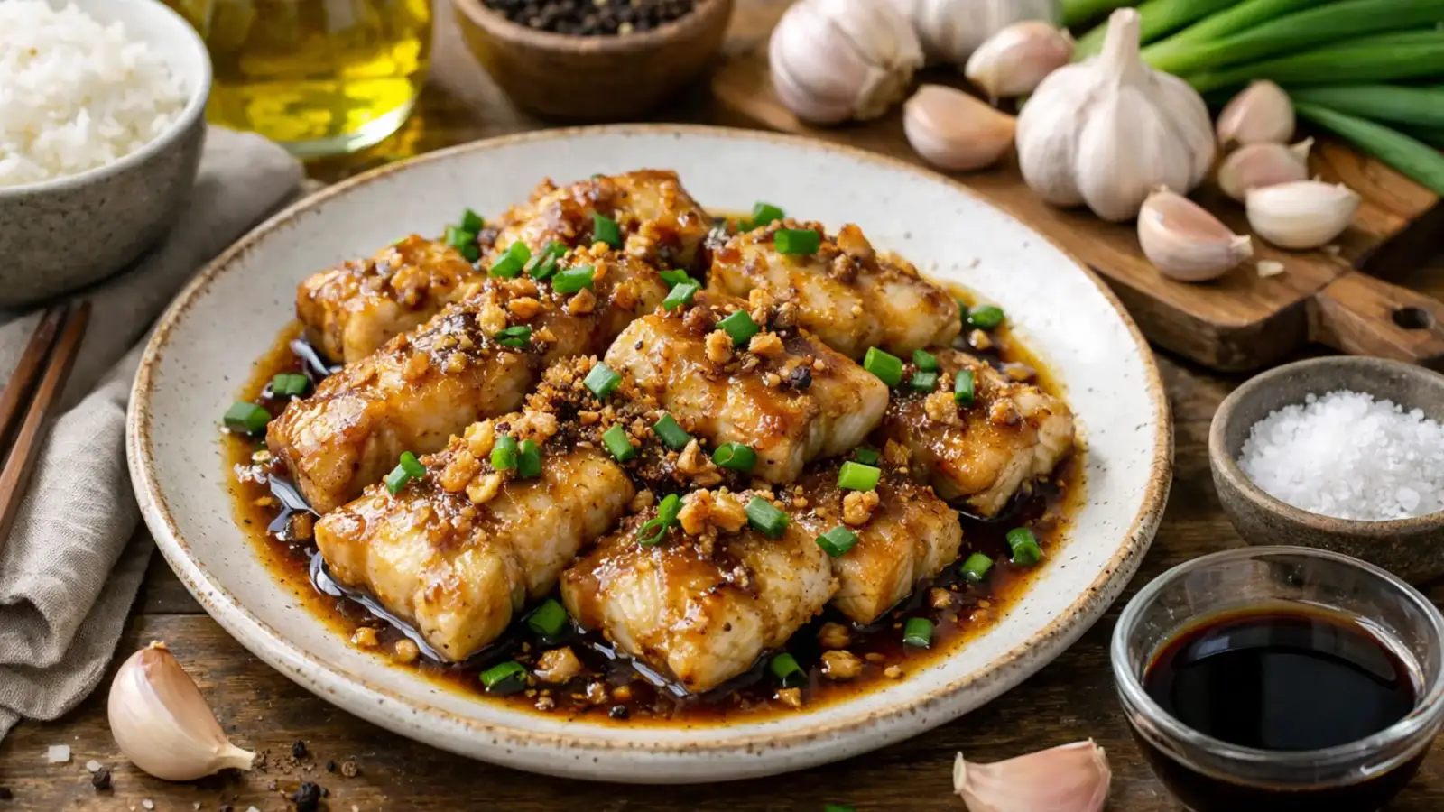 Фото блюда: Минтай с соевым соусом и чесноком ароматный на сковороде, рецепт с фото