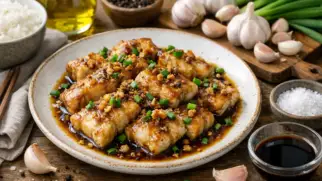 Фото рецепта: Минтай с соевым соусом и чесноком ароматный на сковороде