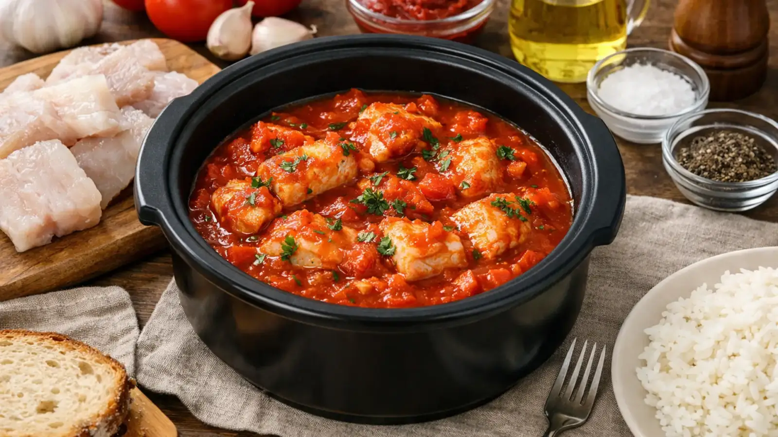 Фото блюда: Минтай с томатным соусом в мультиварке с насыщенным вкусом, рецепт с фото