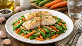 Фото рецепта: Минтай с зелёной фасолью и морковью нежный тушеный с овощами