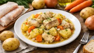 Фото рецепта: Минтай тушёный с картошкой на сковороде нежный вариант