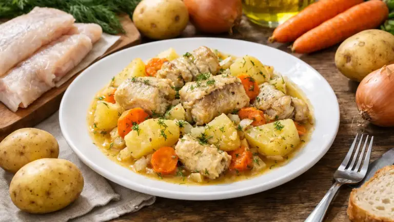 Фото рецепта: Минтай тушёный с картошкой на сковороде нежный вариант