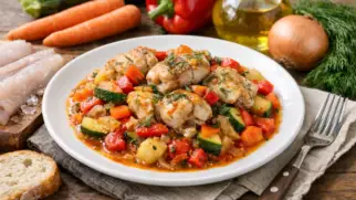 Фото рецепта: Минтай тушёный с овощами на сковороде сочный домашний вариант