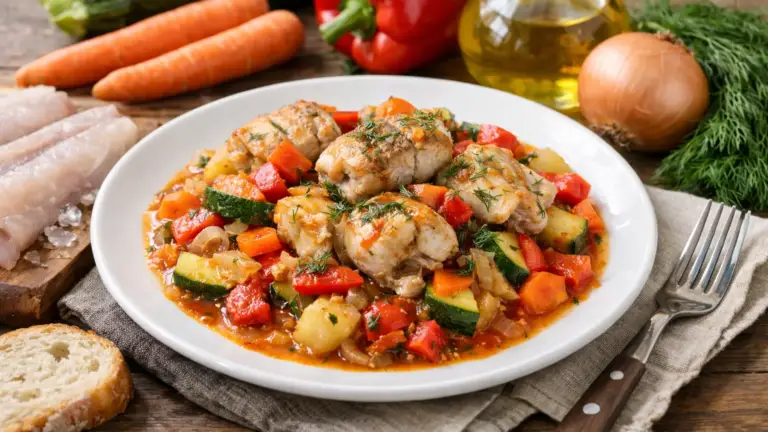 Фото блюда: Минтай тушёный с овощами на сковороде сочный домашний вариант